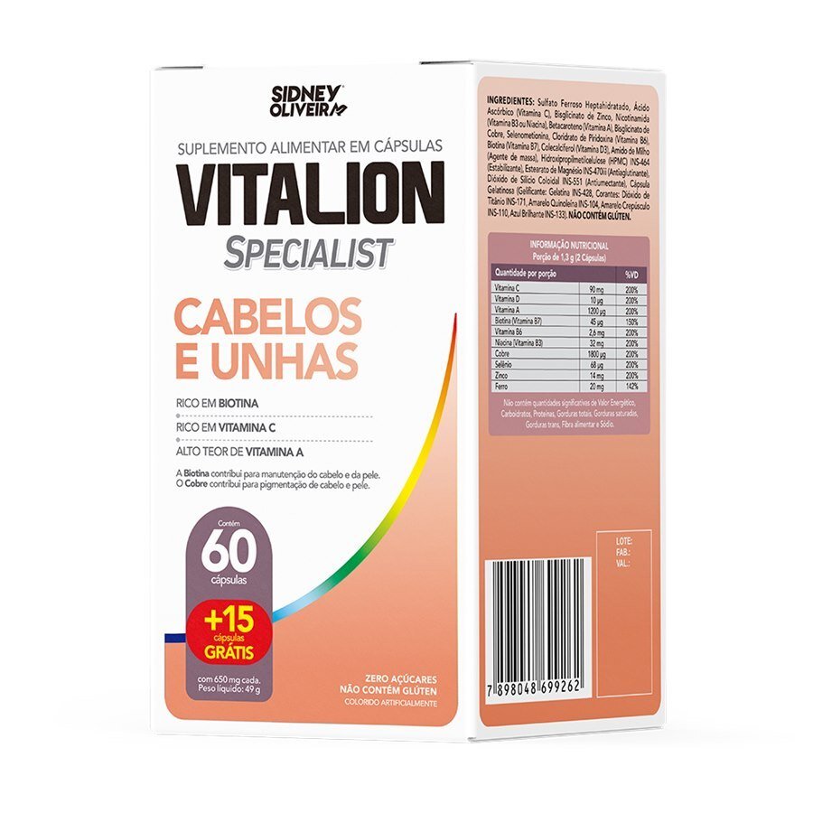 Vitalion Specialist Cabelos E Unhas 60 Cápsulas + 15 Grátis Sidney Oliveira